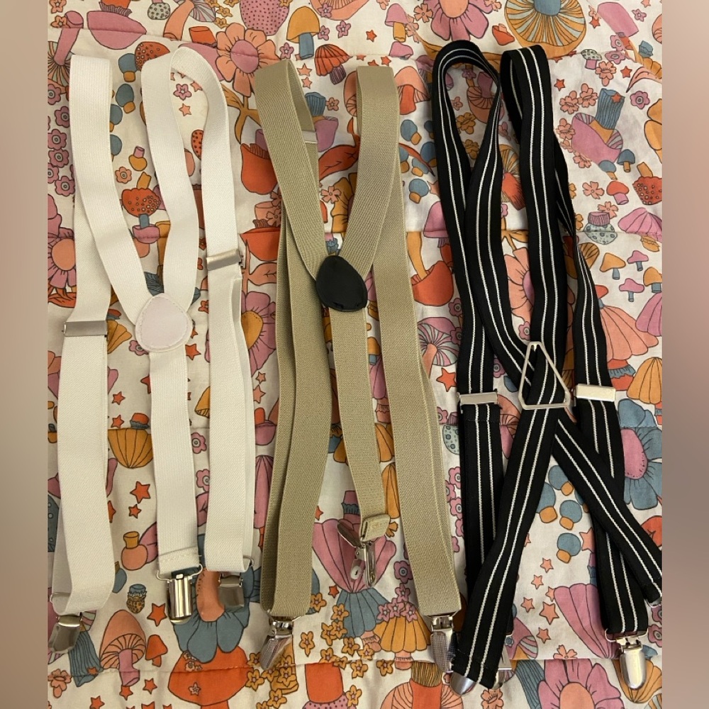 Set of Three Suspenders - White, Tan, Black Pinstripe